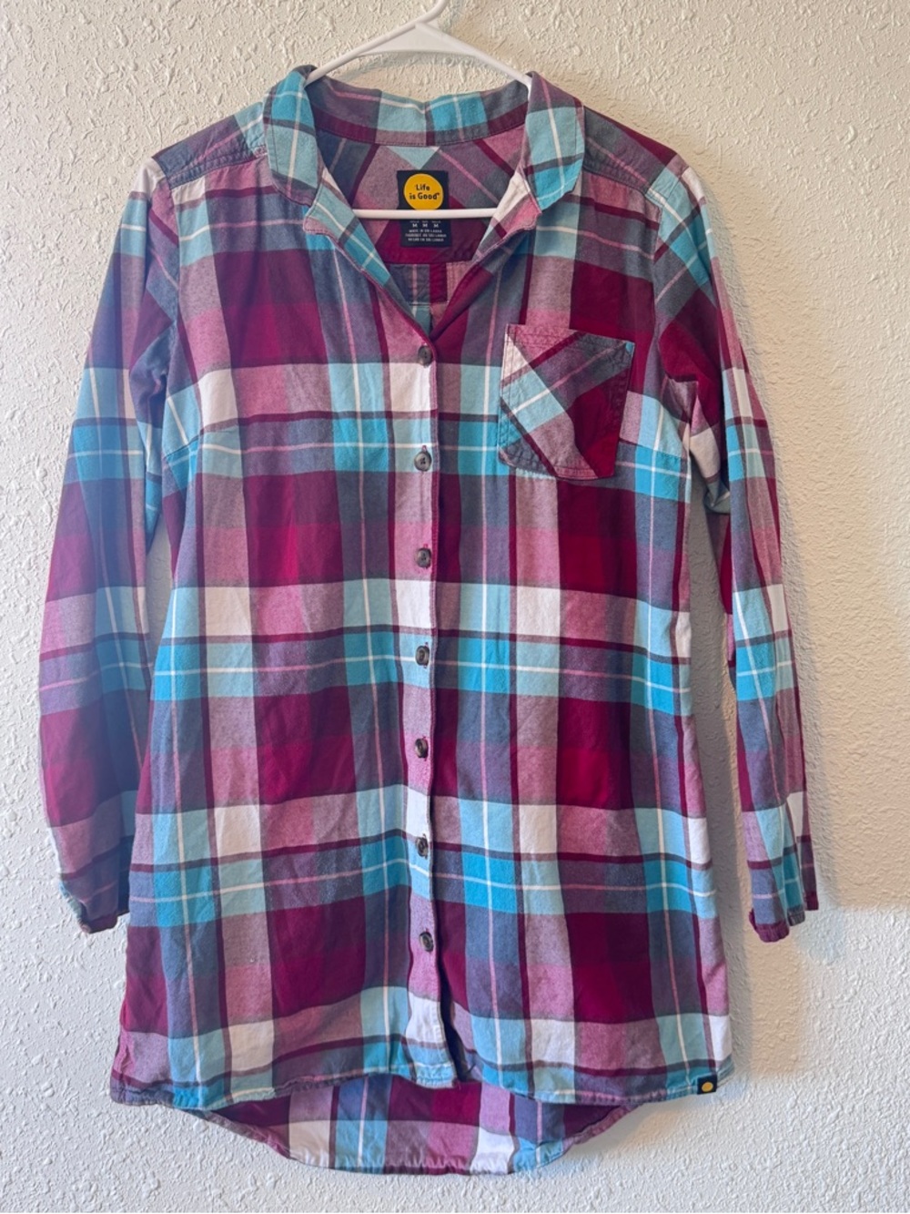 Life Is Good Plaid Sleep Shirt in Burgundy, Teal & White